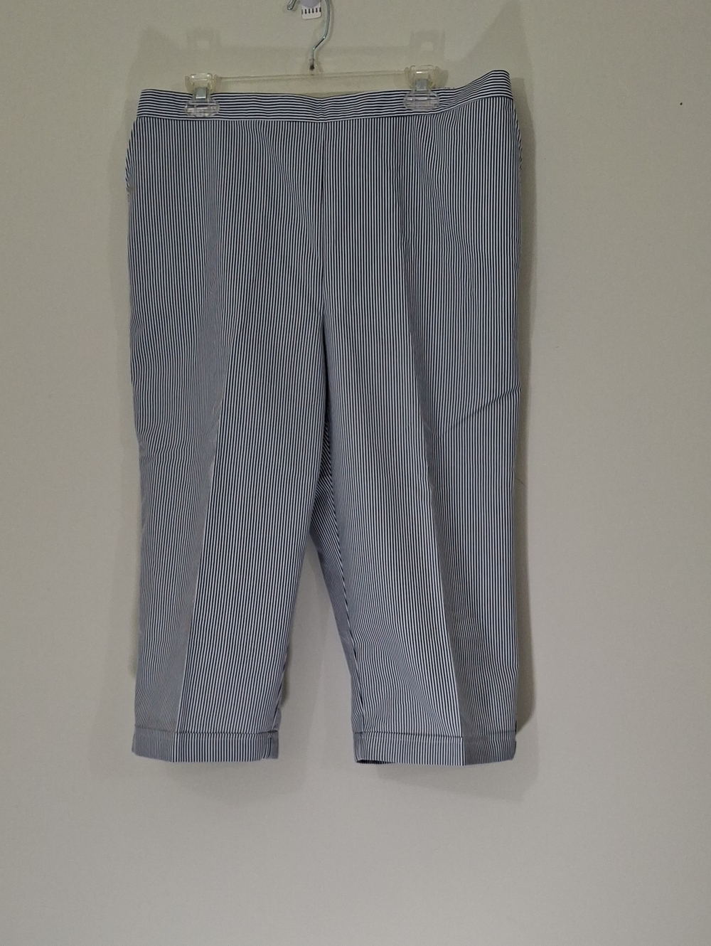 Alfred Dunner Blue and White Pinstripe Flat Front Capris, Size 18